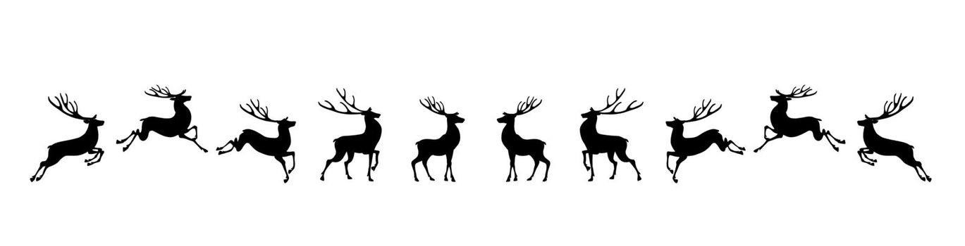 Graphic black silhouettes, set of wild deer on an isolated white background. Vector illustration.