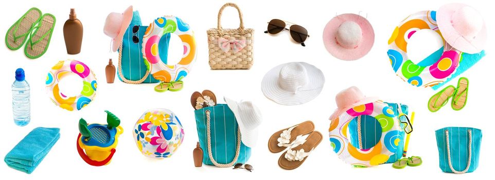 Photo collage of beach accessories and toys