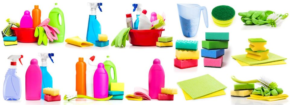 Collage of photos detergent and cleaning supplies isolated