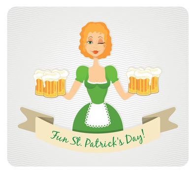 Happy St Patrick&#39;s day card with girl and beer
