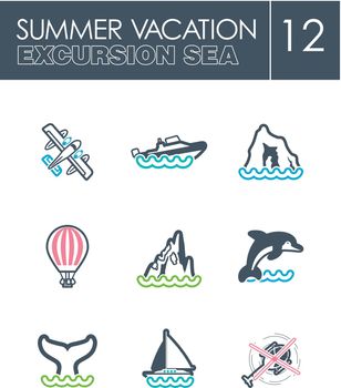 Excursion sea icon set. Summer. Vacation