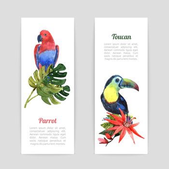 Tropical birds watercolor banners set