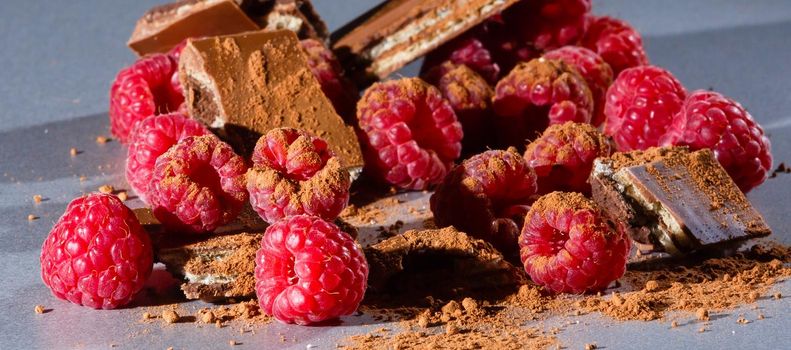 raspberries with chocolate on gray background chocolate