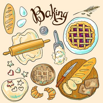 beautiful hand-draw color set of baking illustration