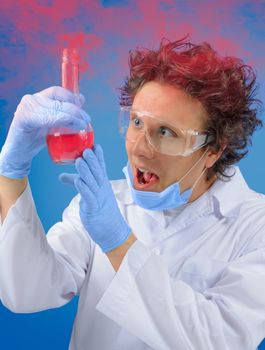 Crazy scientist examines flask