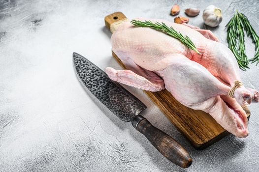 Raw whole goose, poultry meat. Black background. Top view. Space for text