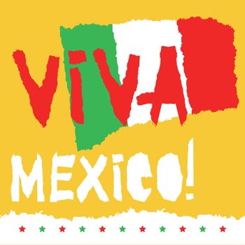 Flat fiestas patrias design card with text Viva Mexico in national state flag colors Vintage grunge torn paper style.