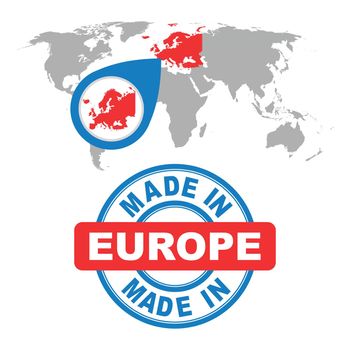 Made in Europe stamp. World map with red country. Vector emblem in flat style on white background.