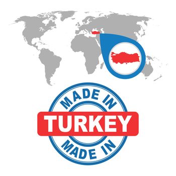 Made in Turkey stamp. World map with red country. Vector emblem in flat style on white background.