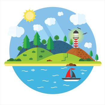 Island in the sea with lighthouse, hill, tree, mountain, fish and sailing ship. Summer time holiday voyage concept. Illustration in flat style. Travel background.