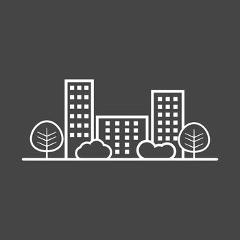 Vector city illustration in flat style. Building, tree and shrub on grey background