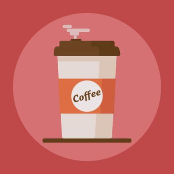 Coffee cup icon with text coffee on red background. Flat vector illustration