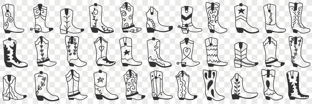 Various cowboy boots doodle set
