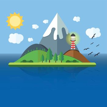 Paradise Island with mountain, hill, tree and birds. Summer time holiday voyage concept. Illustration in flat style. Travel background.