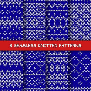 Set with seamless winter patterns. Blue and white knitted christmas backgrounds in scandinavian style. Vector