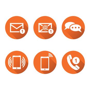 Contact buttons set icons. Email, envelope, phone, mobile. Vector illustration in flat style on round orange background with shadow.