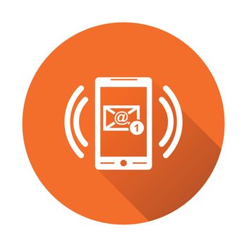 Smart phone with Email symbol on the screen. Vector illustration in flat style on round orange background.