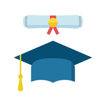 Graduation cap and diploma scroll icon vector illustration in flat style. Finish education symbol. Celebration element. Colorful graduation cap with diploma on white background.