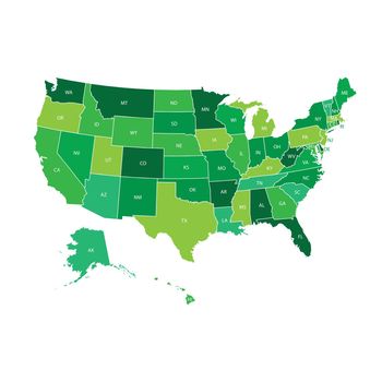 High detailed USA map with federal states. Vector illustration United states of America in green color.