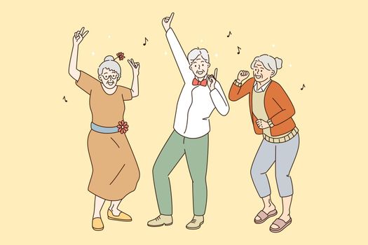 Elderly mature people active lifestyle concept. Group of happy old grey haired men and women dancing having fun enjoying time together vector illustration