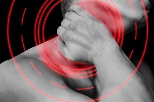Pain in a male neck, pain area of red color