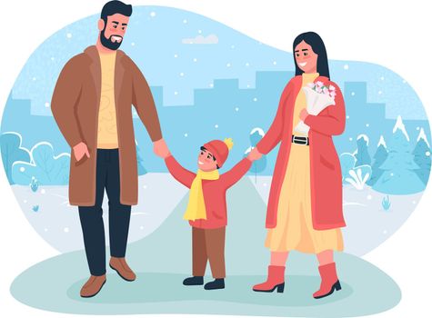 Family winter walk 2D vector isolated illustration