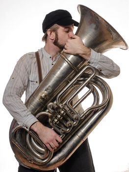 loving man with suspenders and cap tube kisses