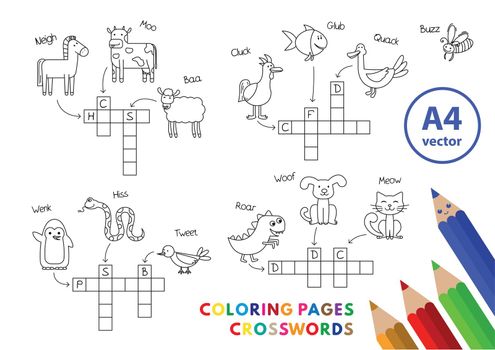 Funny animals crosswords set. Vector coloring book pages for children education