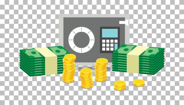 Closed small safe box and stacks of gold coins and stacks of dollar cash. Vector illustration in flat design on isolated background