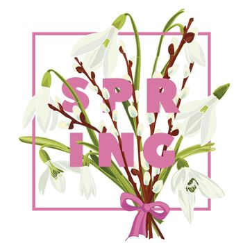Spring floral background with beautiful snowdrop and pussy willow flower