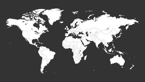 Blank white political world map isolated on black background. Worldmap Vector template for website, infographics, design. Flat earth world map illustration.