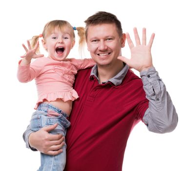 father with little daughter in his arm showing their palms isolated on white background