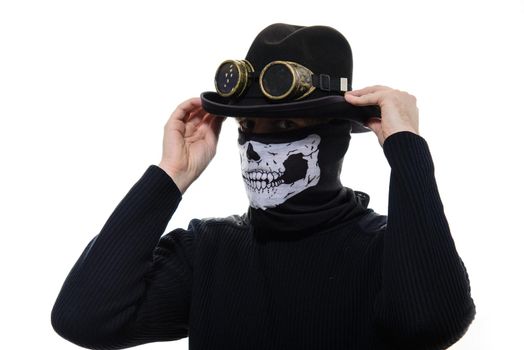 steampunk man in the hat and mask skeleton 