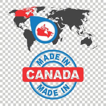 Made in Canada stamp. World map with red country. Vector emblem in flat style on isolated background.