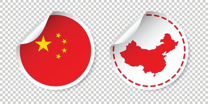China sticker with flag and map. Label, round tag with country. Vector illustration on isolated background.