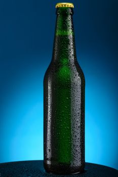 Bottle of beer with drops isolated on blue background