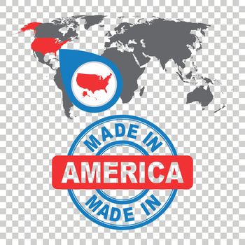 Made in America, USA stamp. World map with red country. Vector emblem in flat style on isolated background.