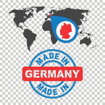 Made in Germany stamp. World map with red country. Vector emblem in flat style on isolated background.