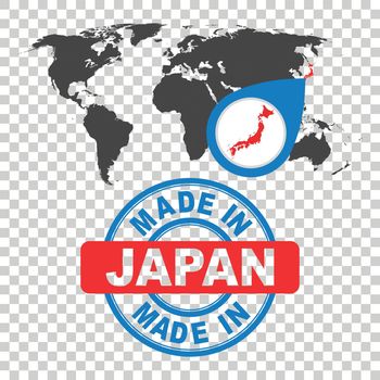 Made in Japan stamp. World map with red country. Vector emblem in flat style on isolated background.