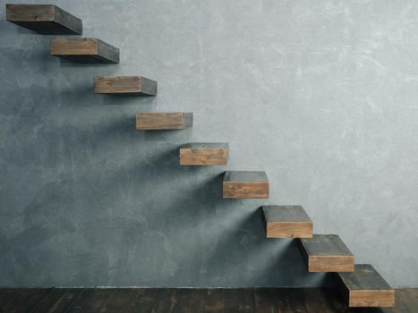 Cantilevered wooden staircase. Minimalism style, descending diagonal