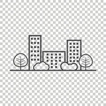Vector city illustration in flat style. Building, tree and shrub on isolated background