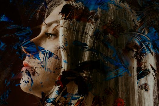 Profile of a young woman behind glass in paint. The concept of suffering girls autistic.
