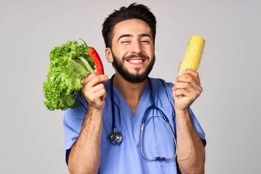 doctor nutritionist vegetables healthy food calories isolated background