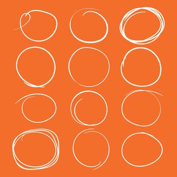 Set of the hand drawn scribble circles. Vector element. Illustration on orange background.