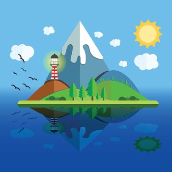 Paradise Island with mountain, hill, tree and birds. Summer time holiday voyage concept. Illustration in flat style. Travel background.