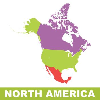 North America map icon. Flat vector illustration. North America sign symbol with shadow on white background.