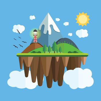 Floating island with mountain, hill, tree and birds. Summer time holiday voyage concept. Illustration in flat style. Travel background.