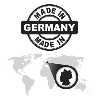 Made in Germany stamp. World map with zoom on country. Vector emblem in flat style on white background.