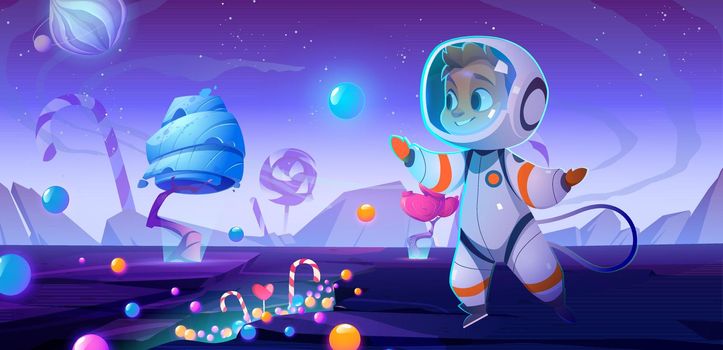 Cute child astronaut on alien planet with sweets
