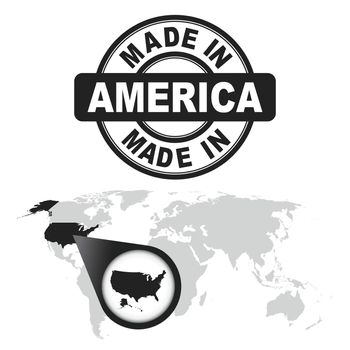 Made in America, USA stamp. World map with zoom on country. Vector emblem in flat style on white background.